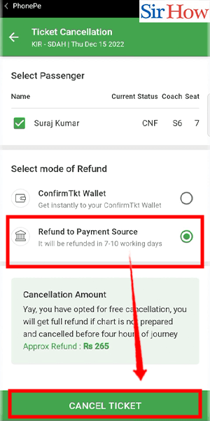 Image title cancel irctc ticket on phonepe step 5
